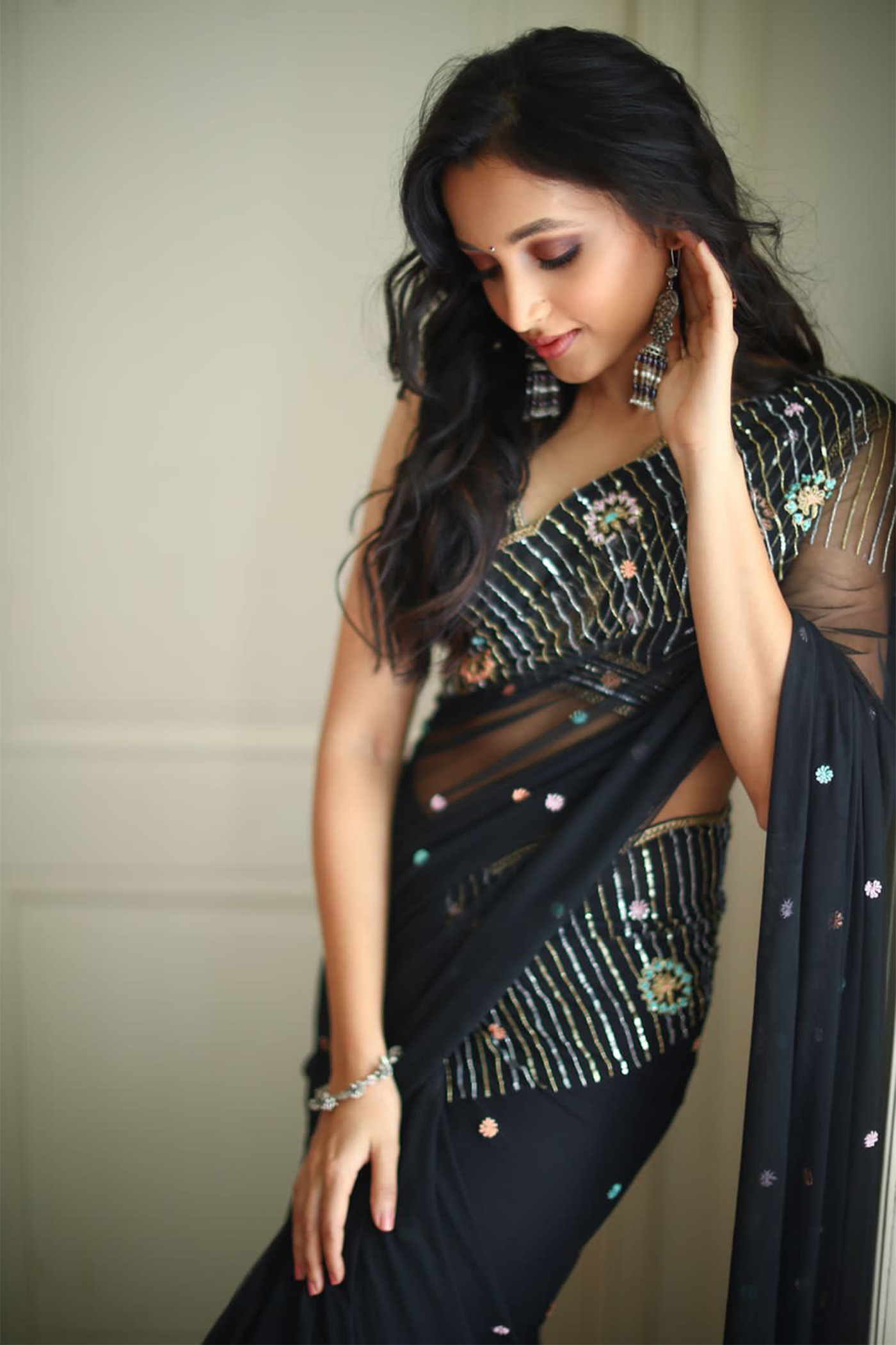 Srinidhi Shetty in Black embroidered saree with sleeveless blouse