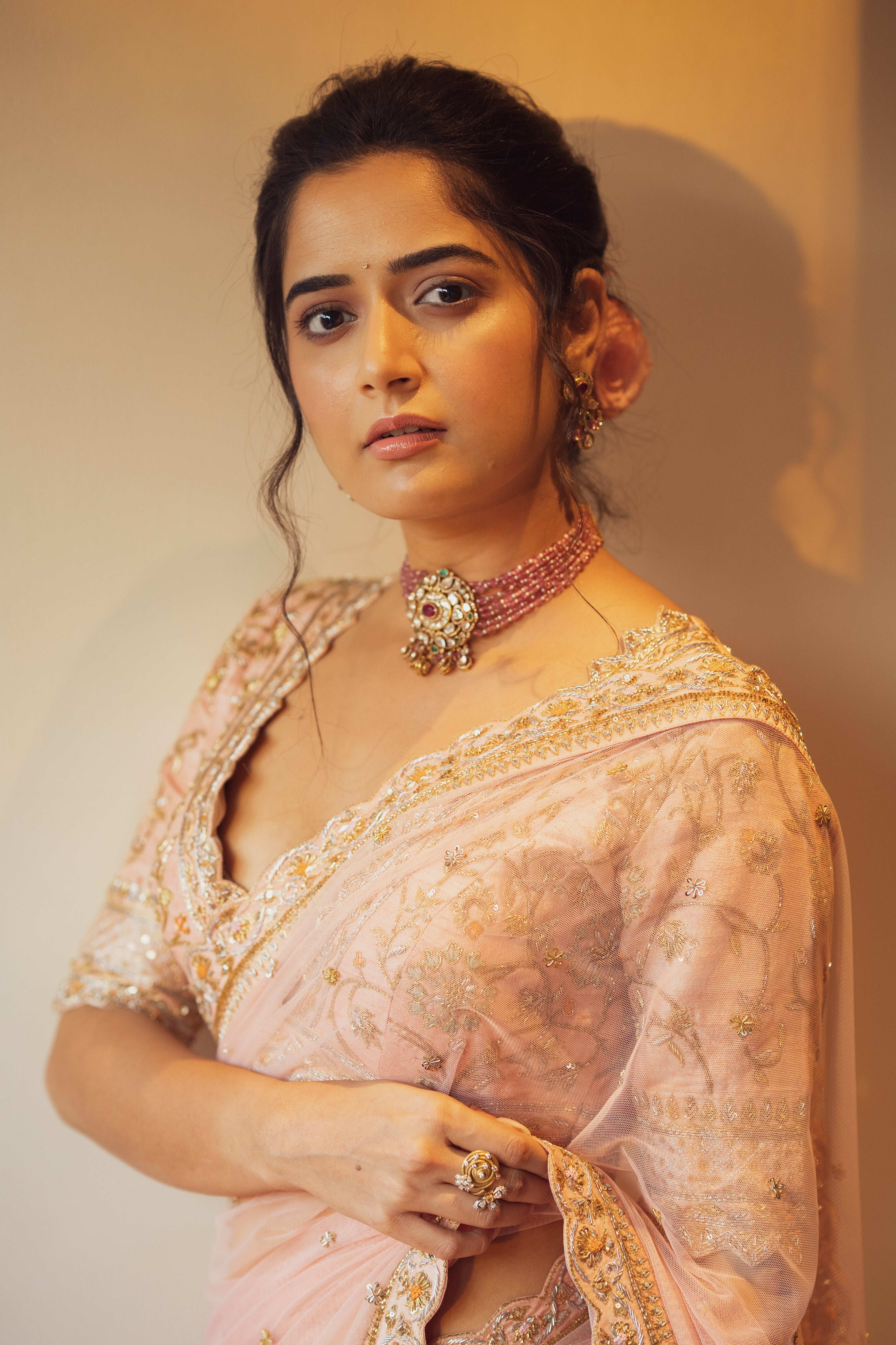 Heavy Embroidered Silk Net Saree - Rose Gold