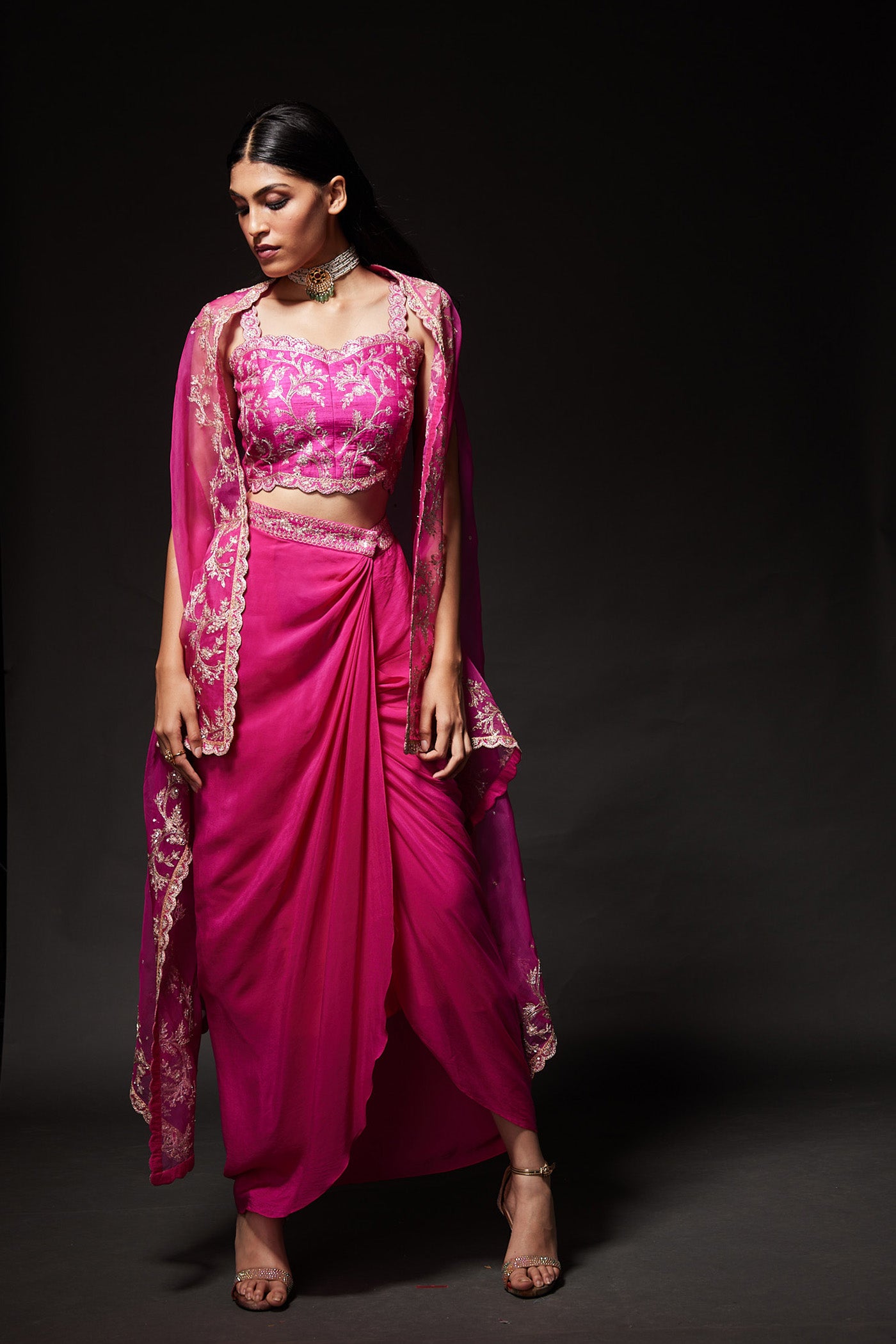 Ayeesha Magenta Drape skirt & Cape Set