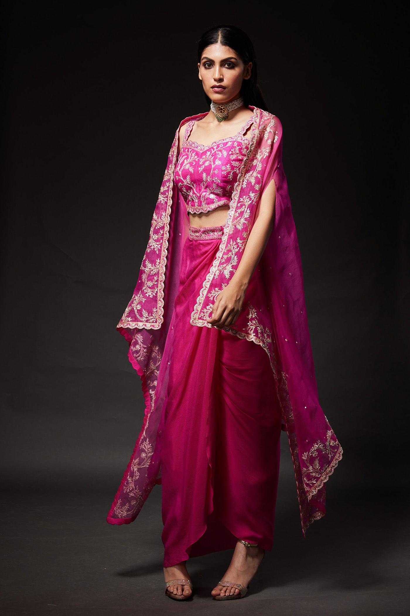 Ayeesha Magenta Drape skirt & Cape Set