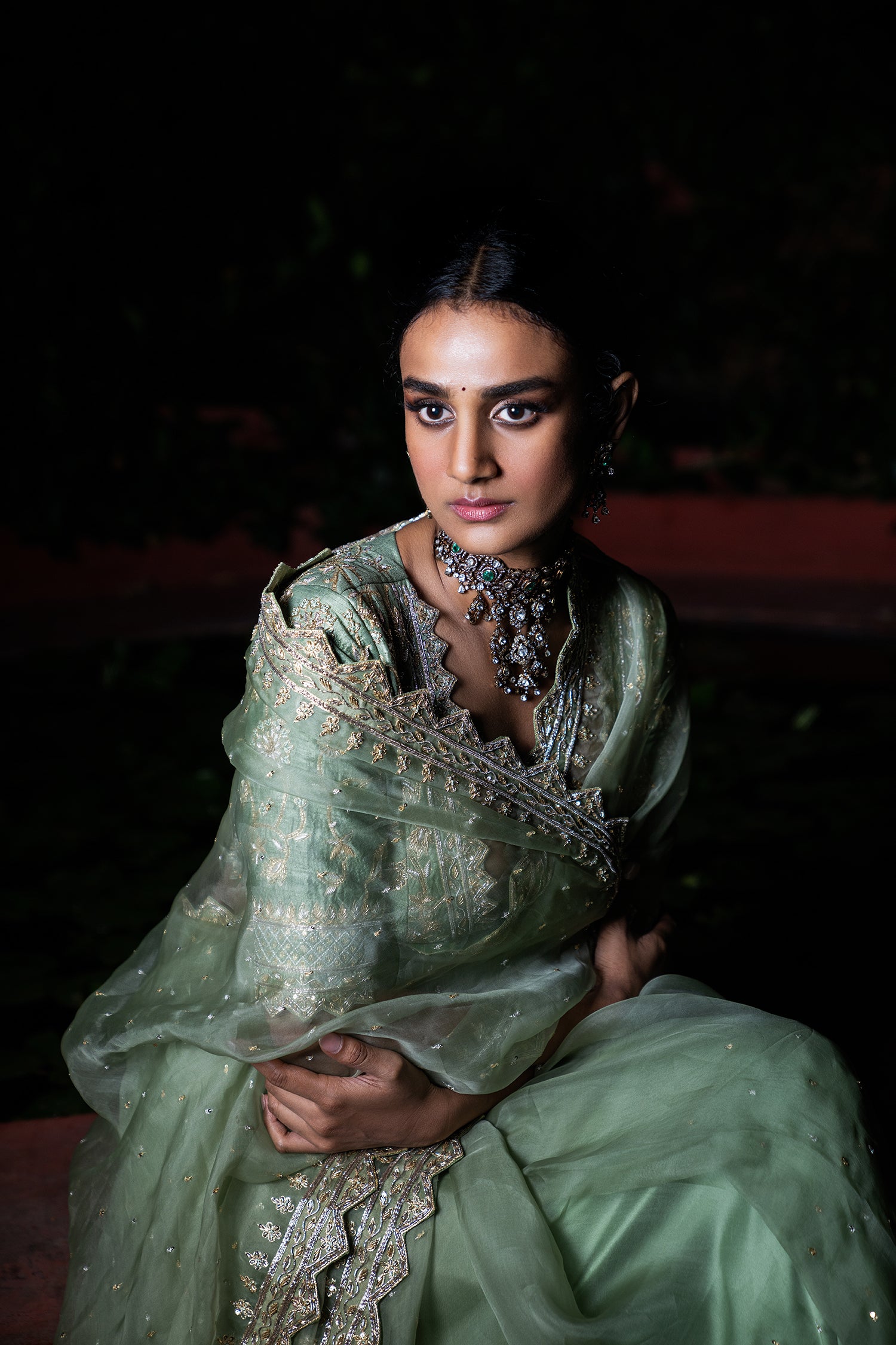Aishwarya Saree - Zardosi Embroidered sage green organza saree