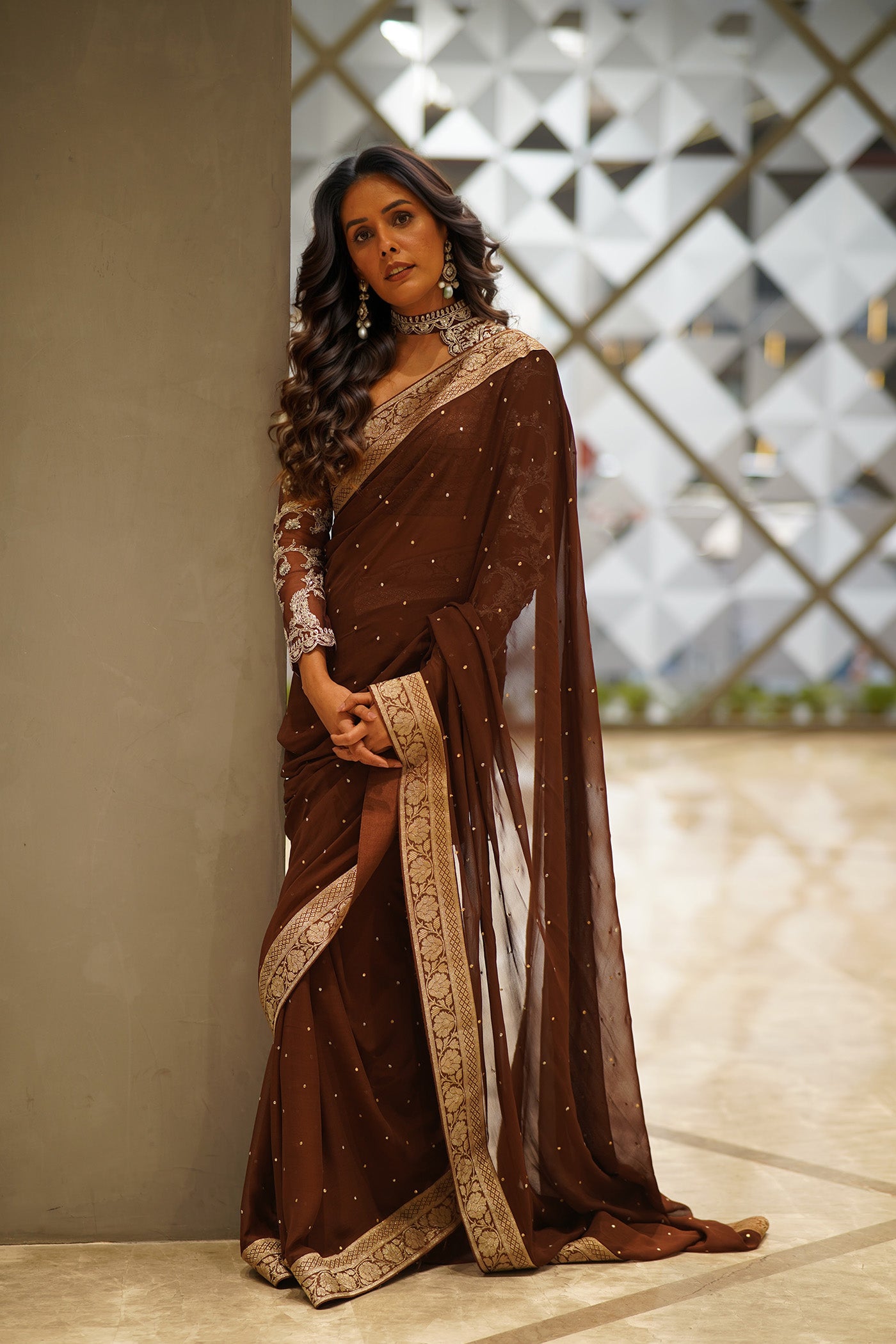 Sadhna in Brown zari embroidered saree & Blouse set