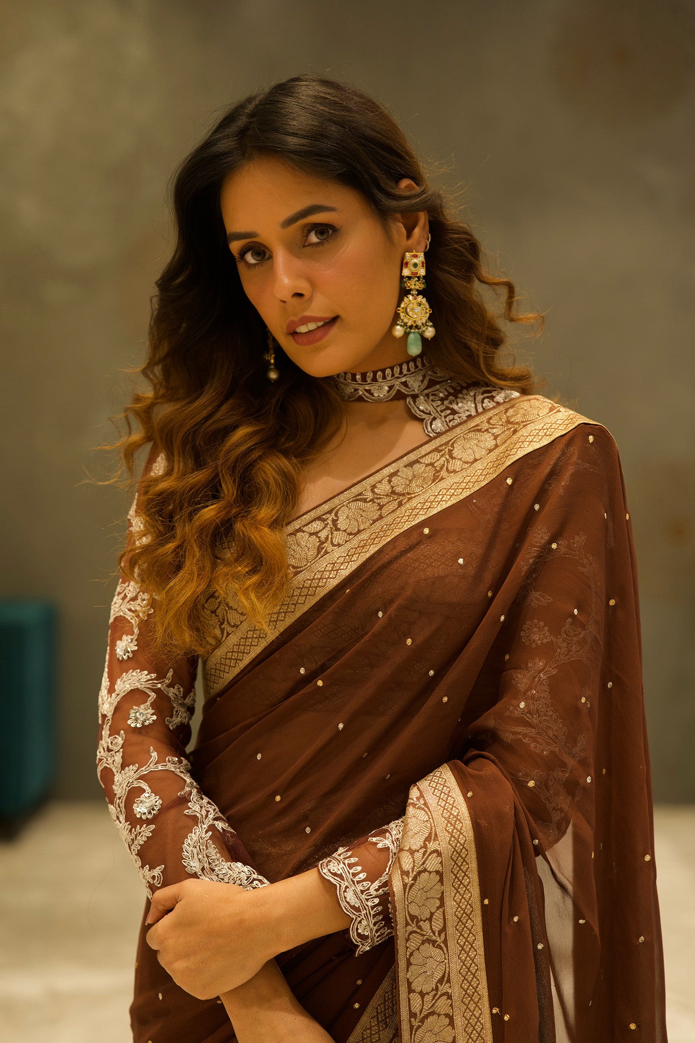 Sadhna in Brown zari embroidered saree & Blouse set