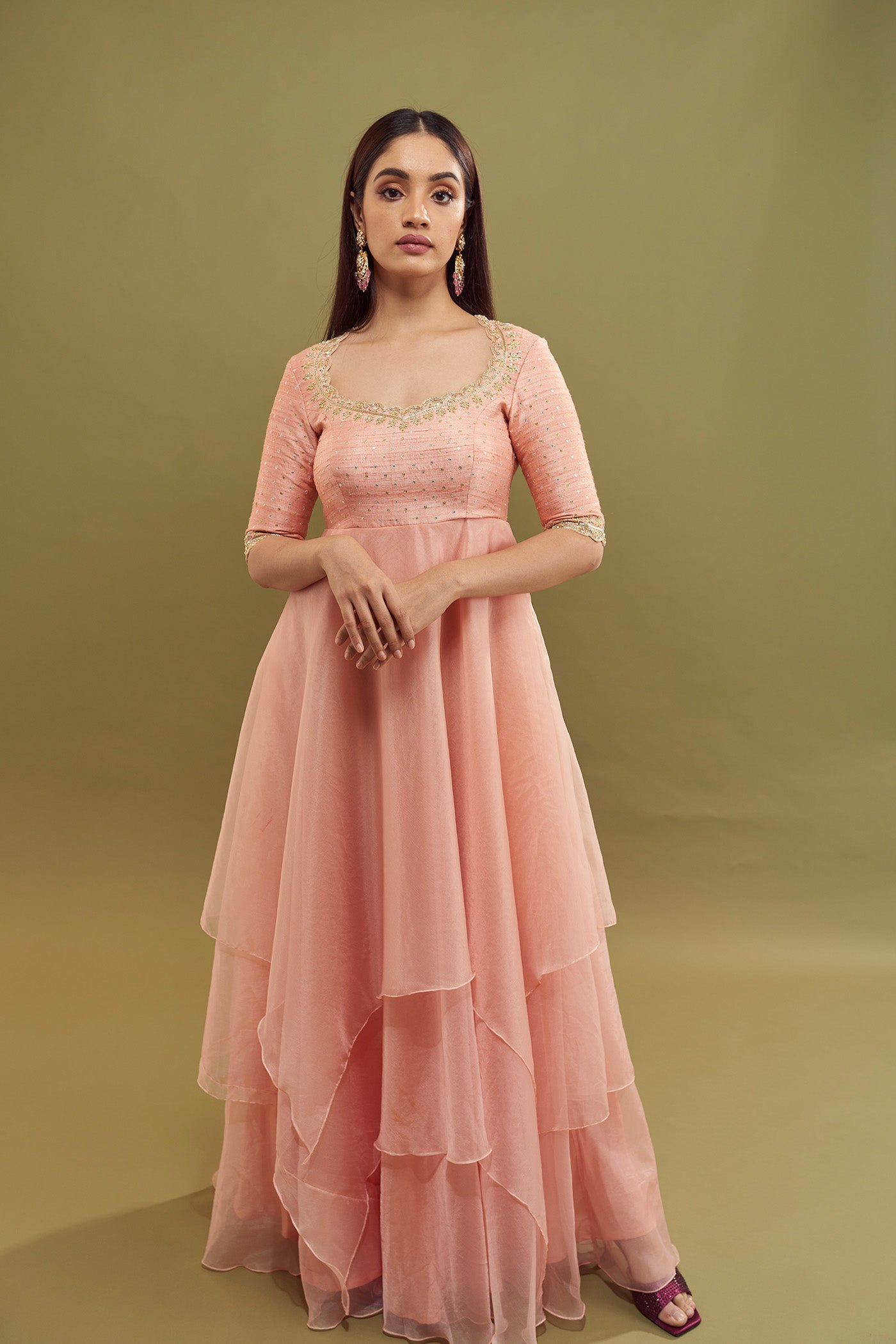 Hitha Layered Organza Dress - Rose Gold