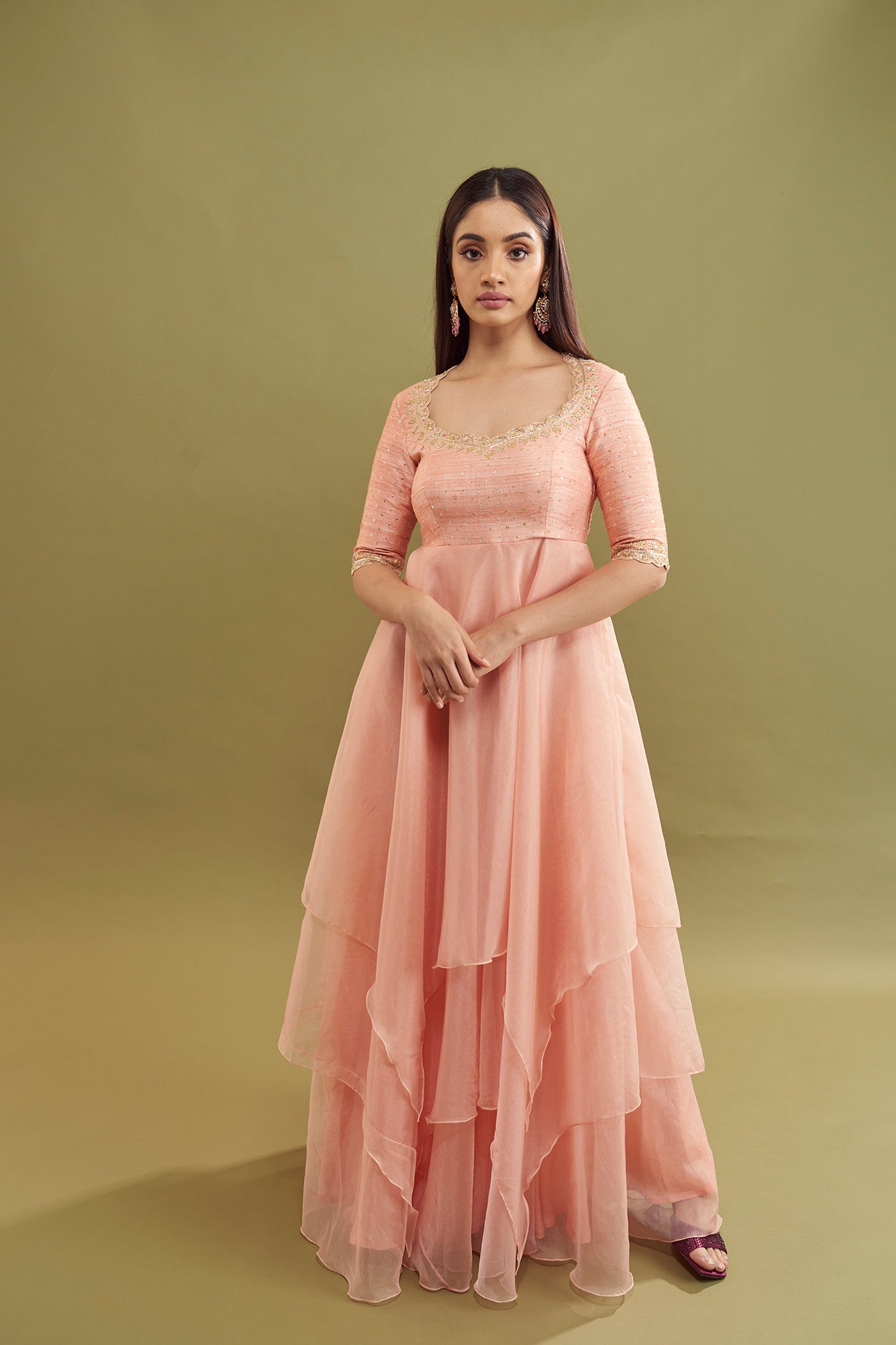 Hitha Layered Organza Dress - Rose Gold