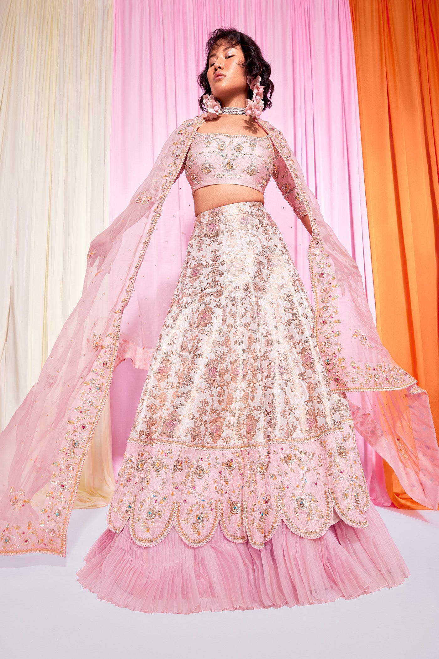 Double layered scalloped Pink & Cream Banarasi Embroidered Lehanga