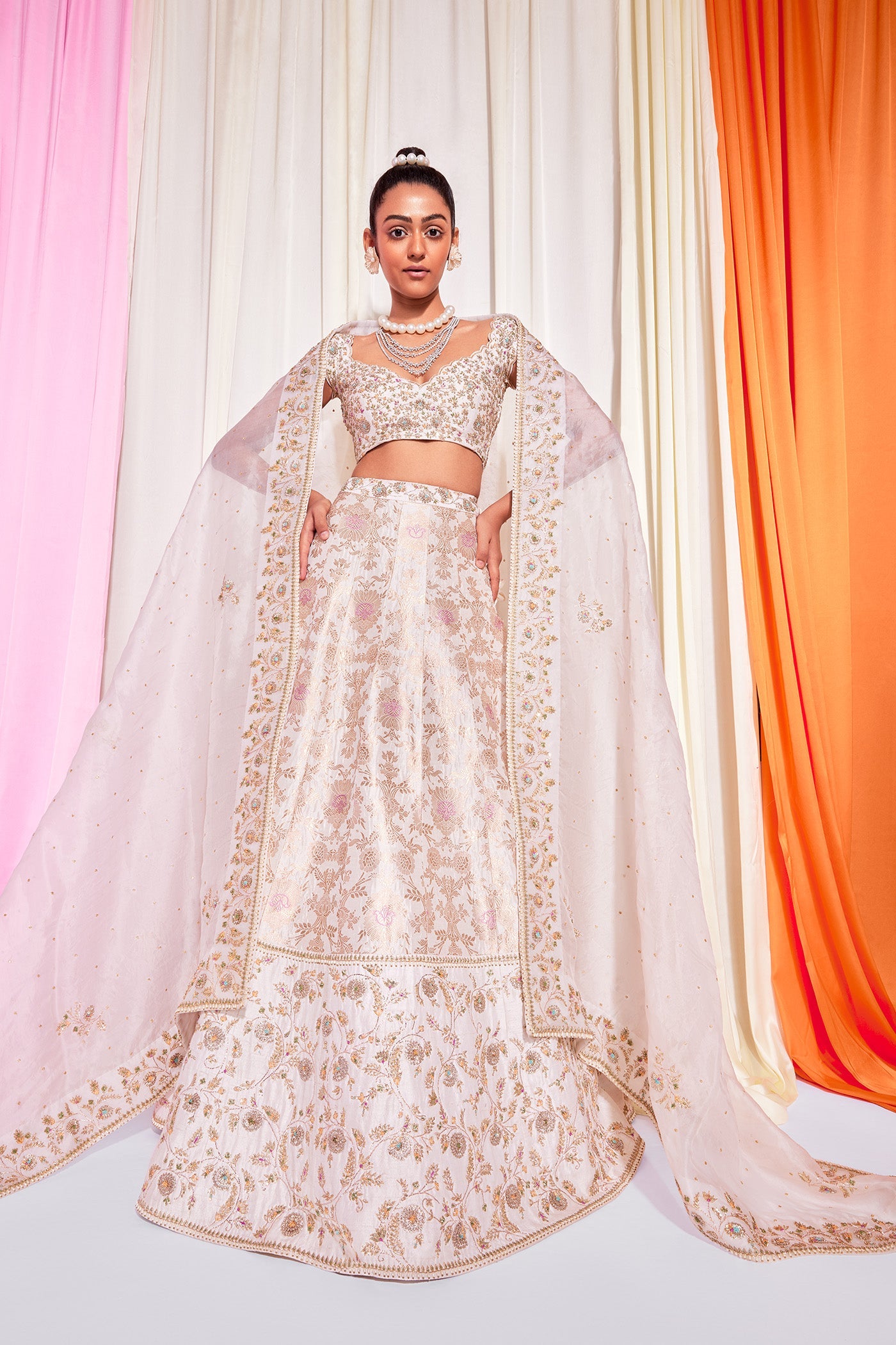 Mehreen in Cream Banarasi Embroidered Lehanga