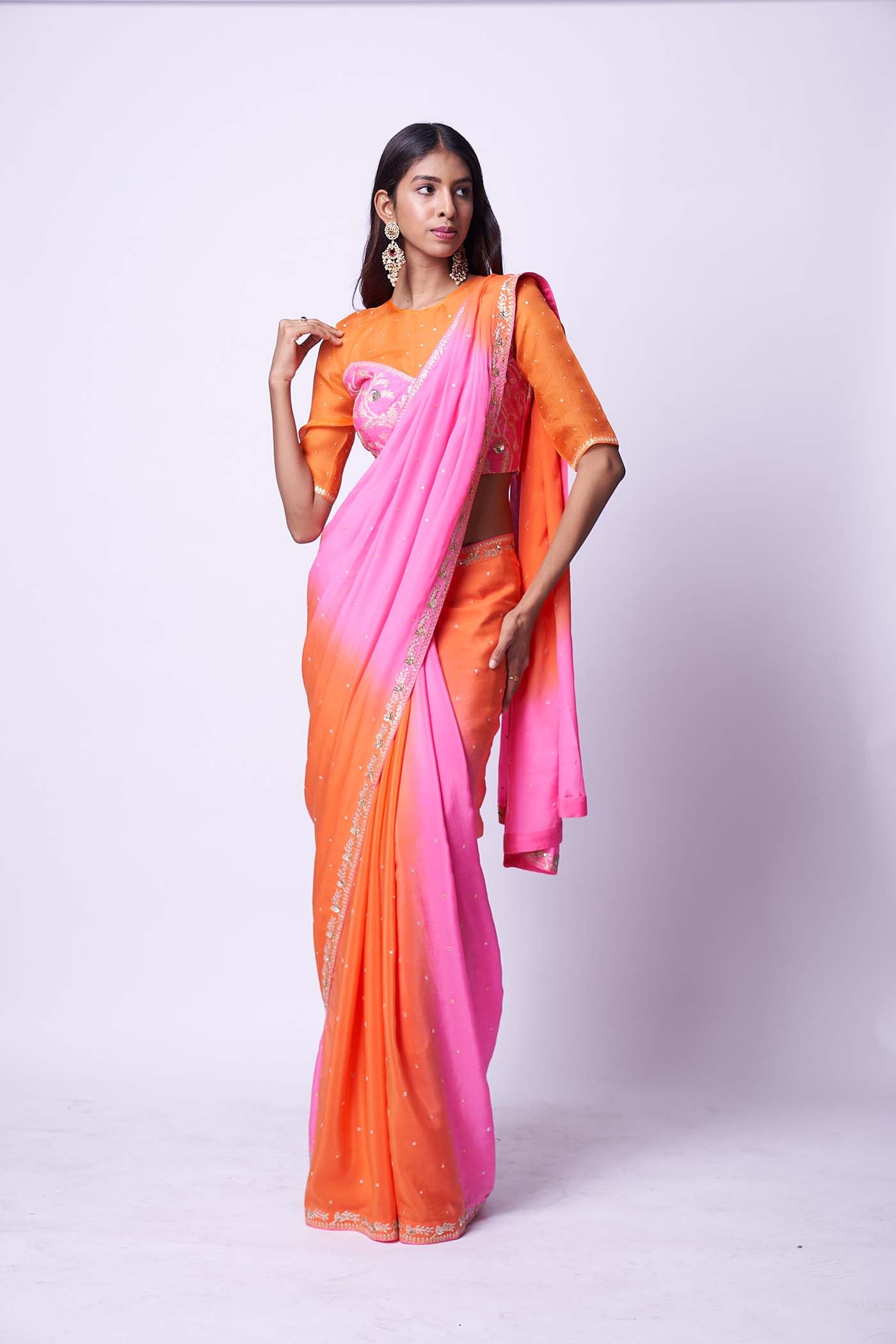 Double shaded pink and orange embroidered saree & Blouse set