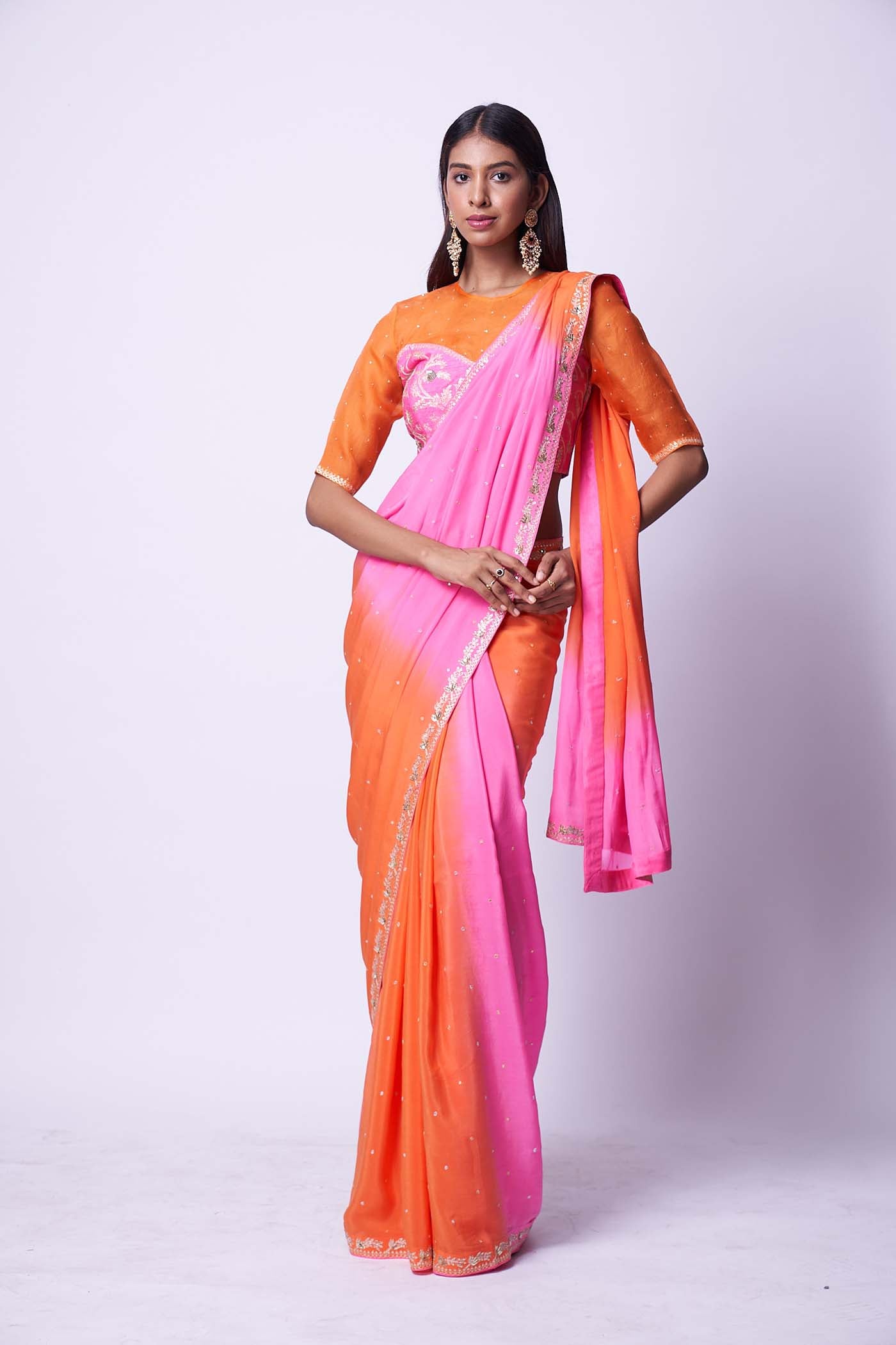 Double shaded pink and orange embroidered saree & Blouse set