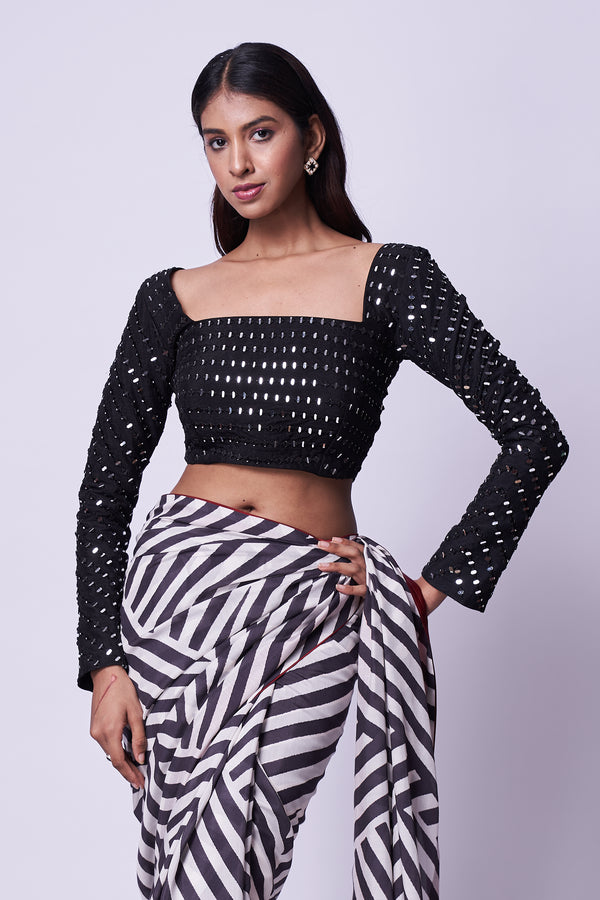Stripes printed saree with heavy mirror embroidery blouse