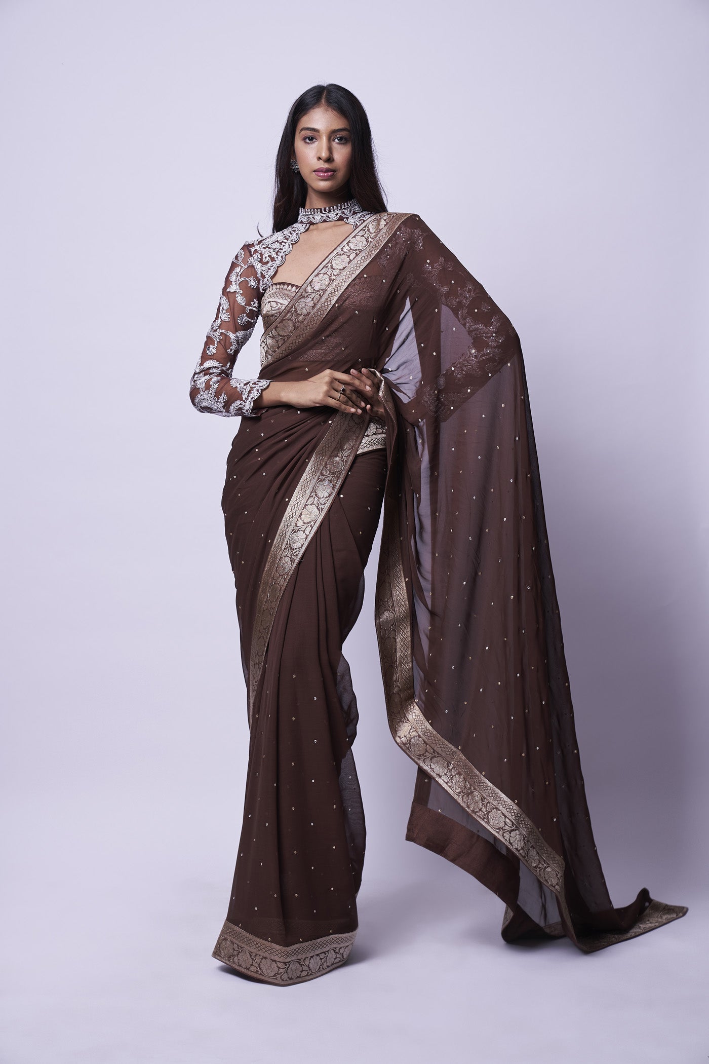 Sadhna in Brown zari embroidered saree & Blouse set