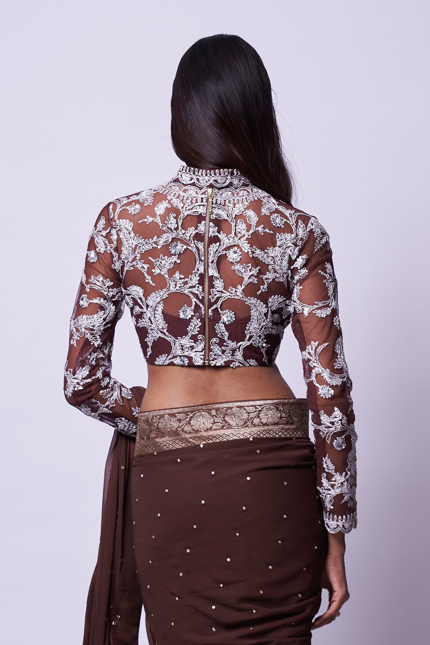 Sadhna in Brown zari embroidered saree & Blouse set