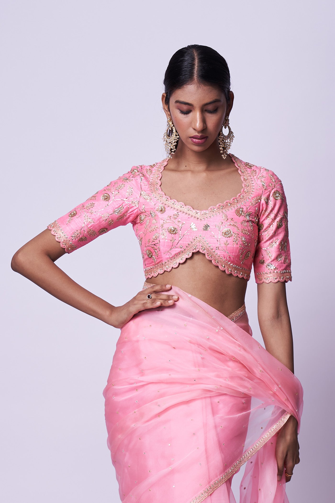 Pink embroidered organza saree sweetheart neck Blouse set