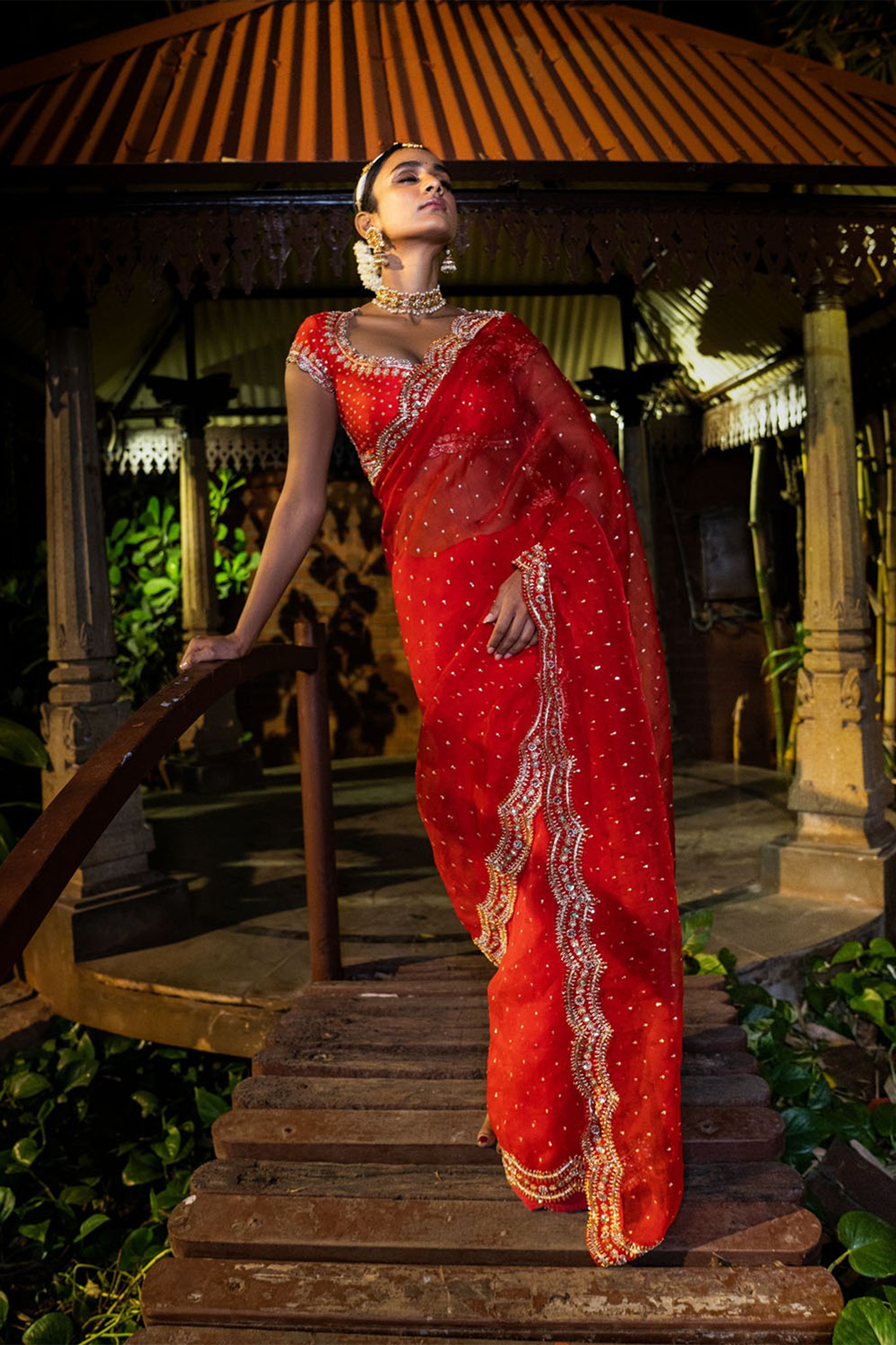 Scalloped Organza Embroidered Saree - Red