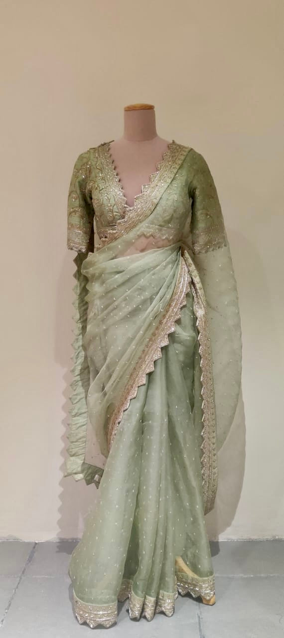 Aishwarya Saree - Zardosi Embroidered sage green organza saree