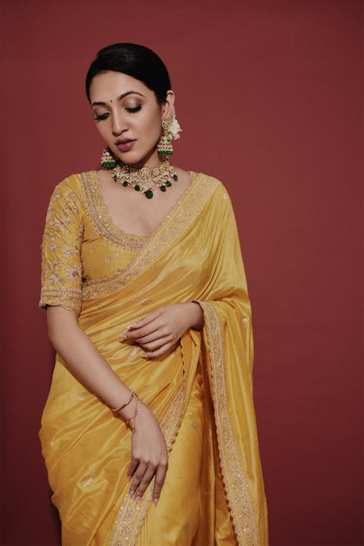 Neha saree - mustard Crepe embroidered saree with embroidered blouse