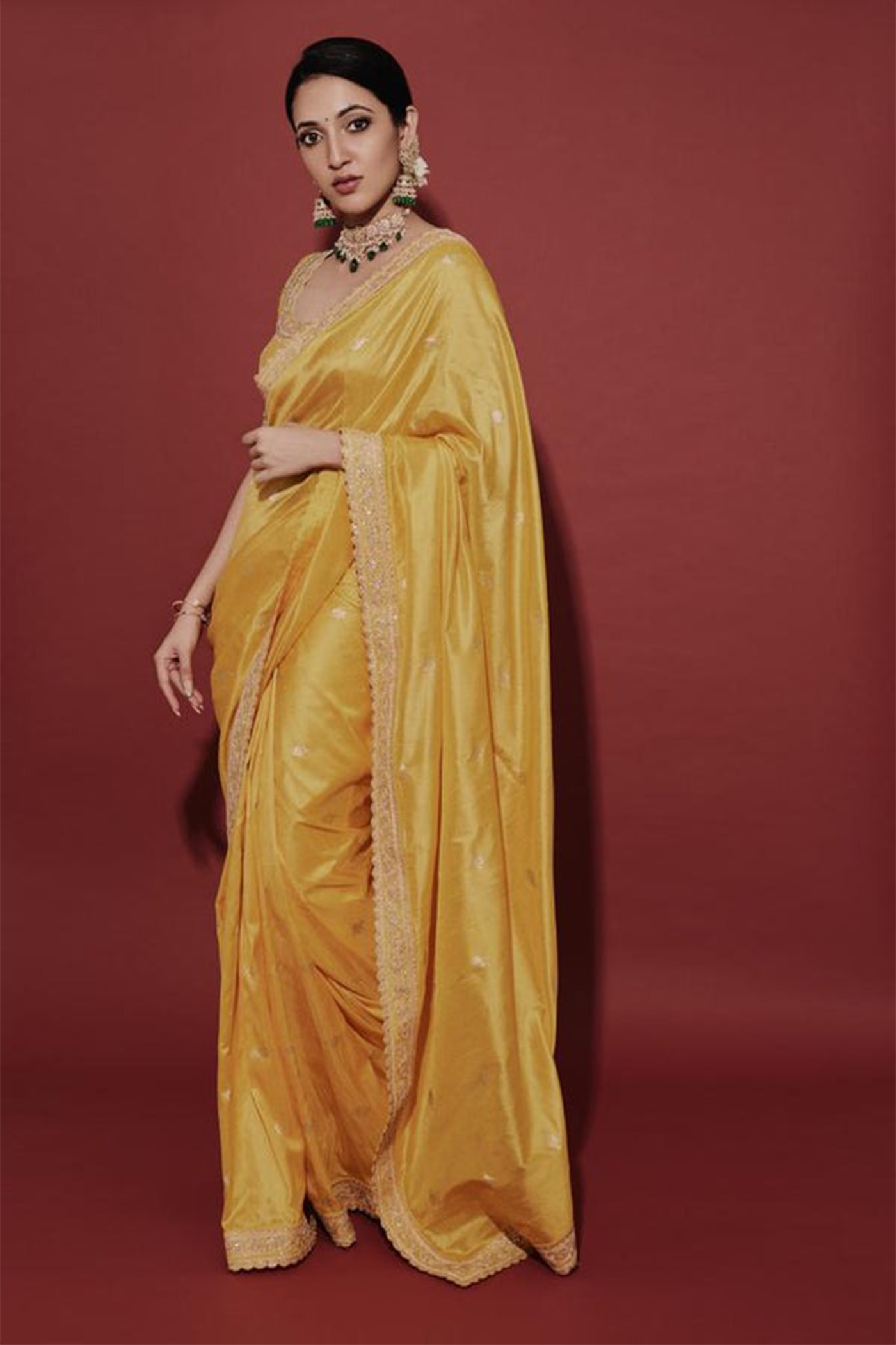 Neha saree - mustard Crepe embroidered saree with embroidered blouse