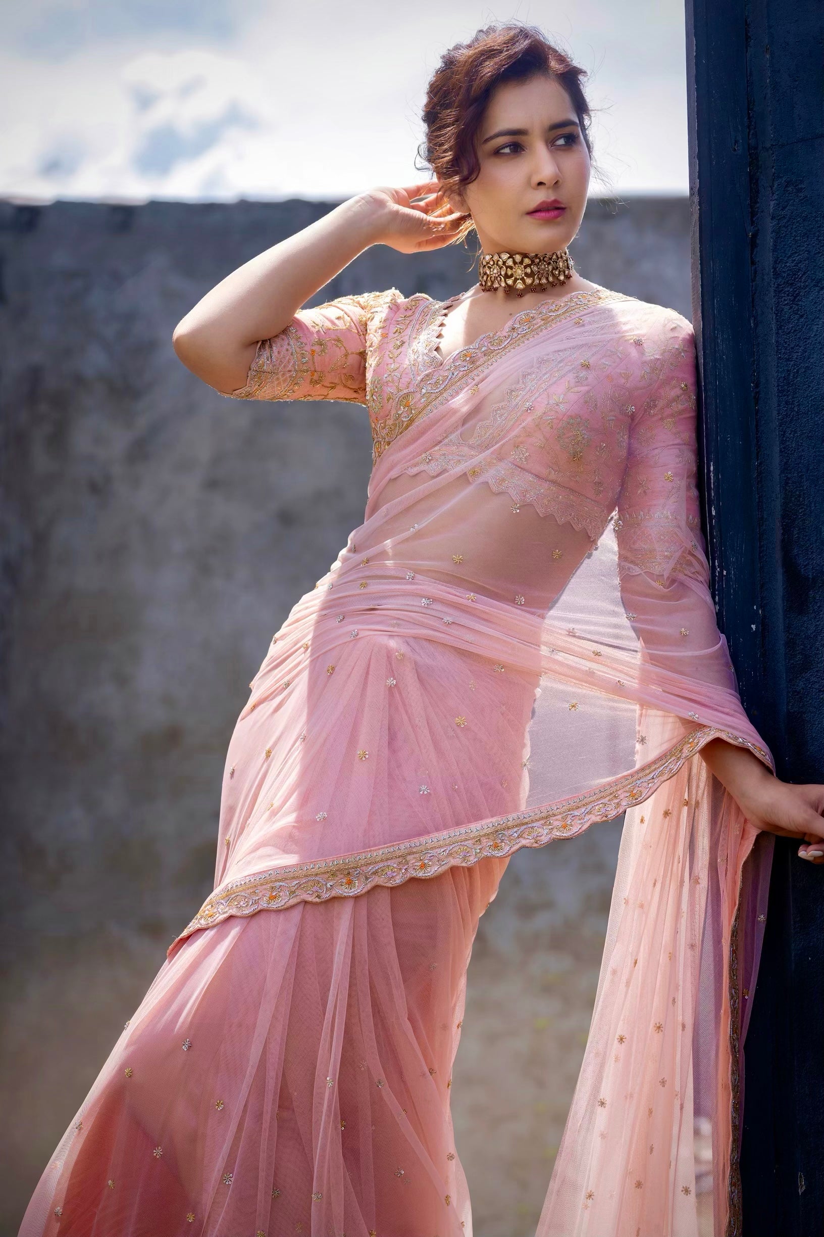 Heavy Embroidered Silk Net Saree - Rose Gold