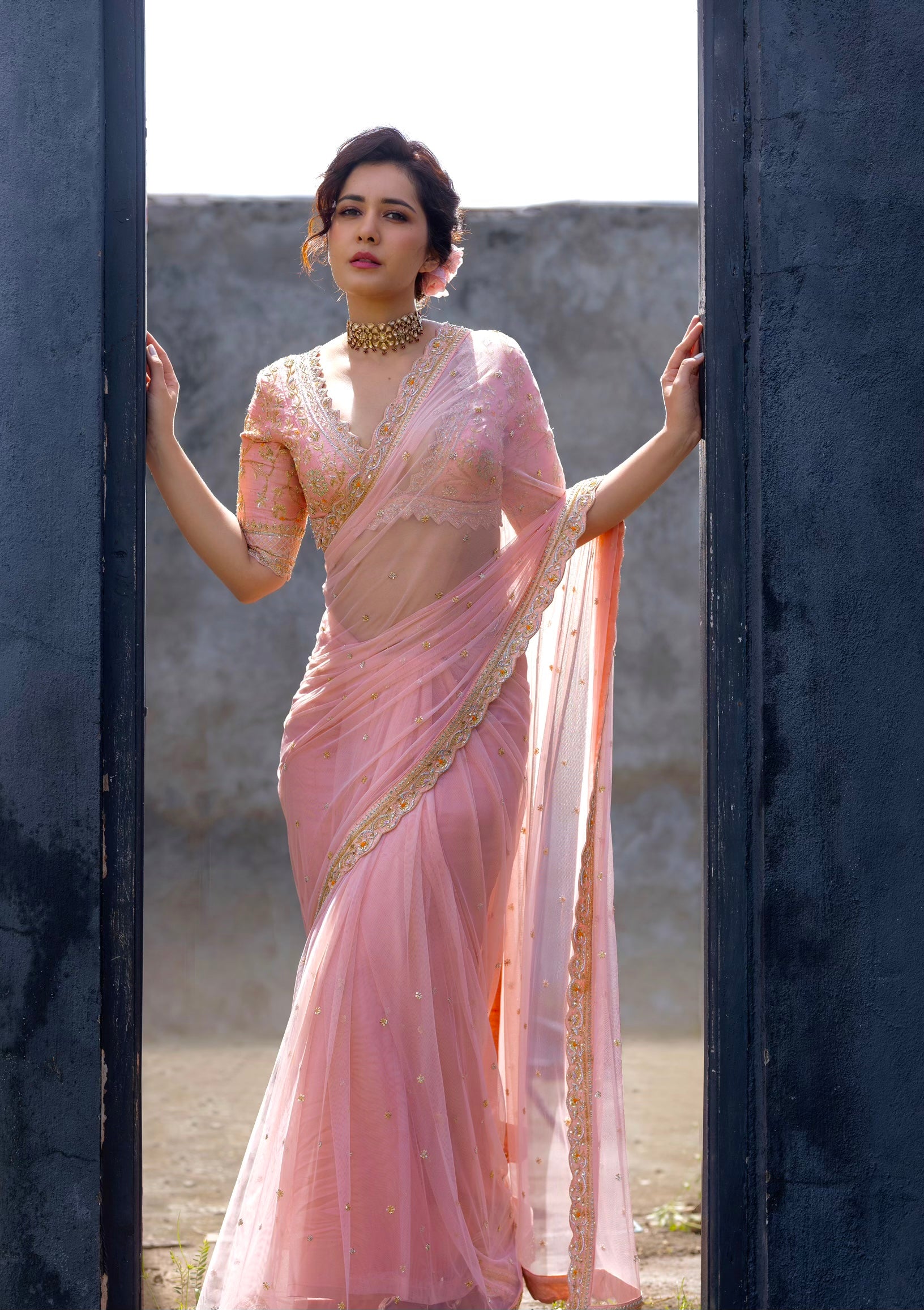 Heavy Embroidered Silk Net Saree - Rose Gold