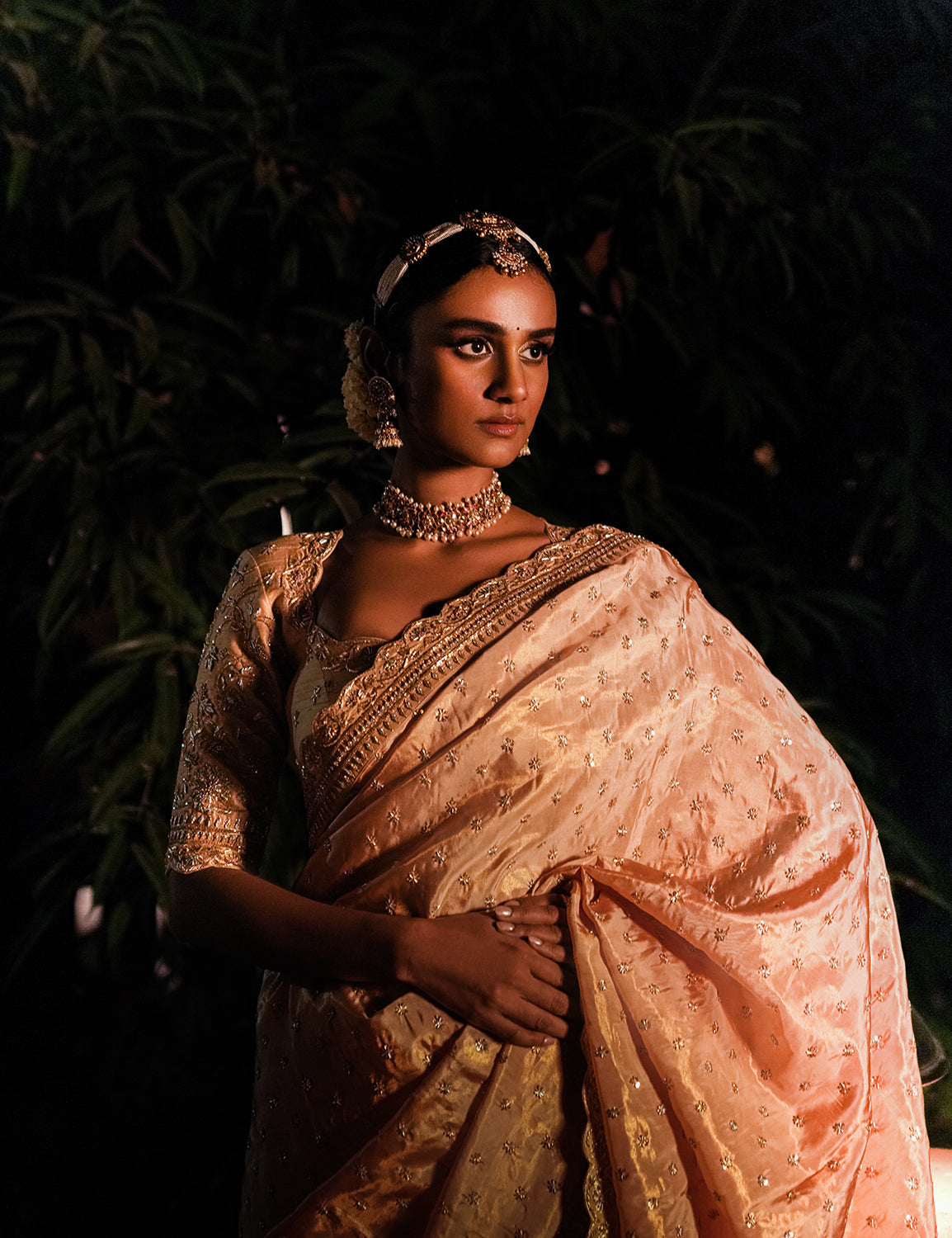 Kanchipuram Tissue Embroidered Saree - Peach