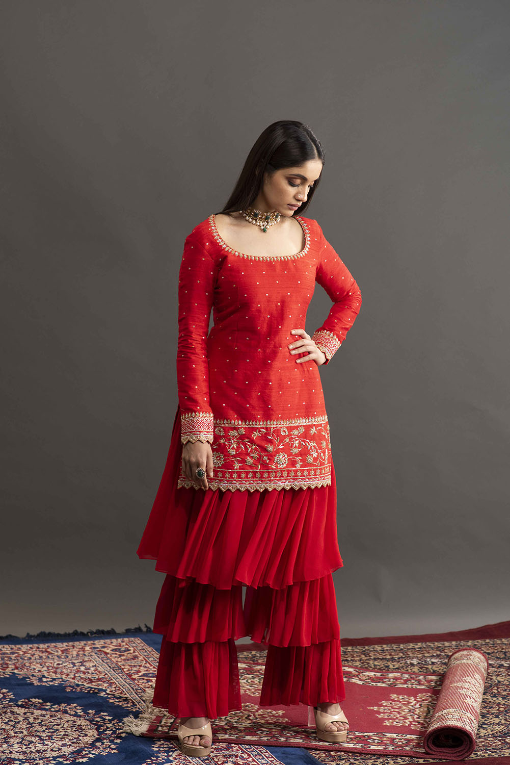 Samantha Layered Pant Sharara - Red