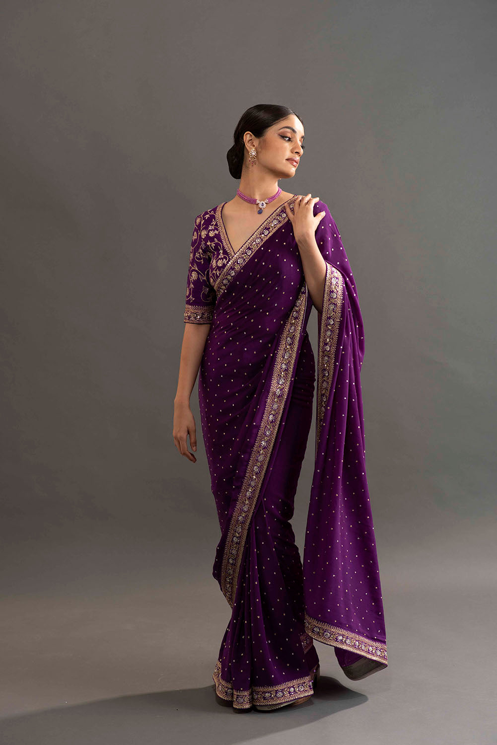 Shreya in Embroidered Crepe Saree - Purple