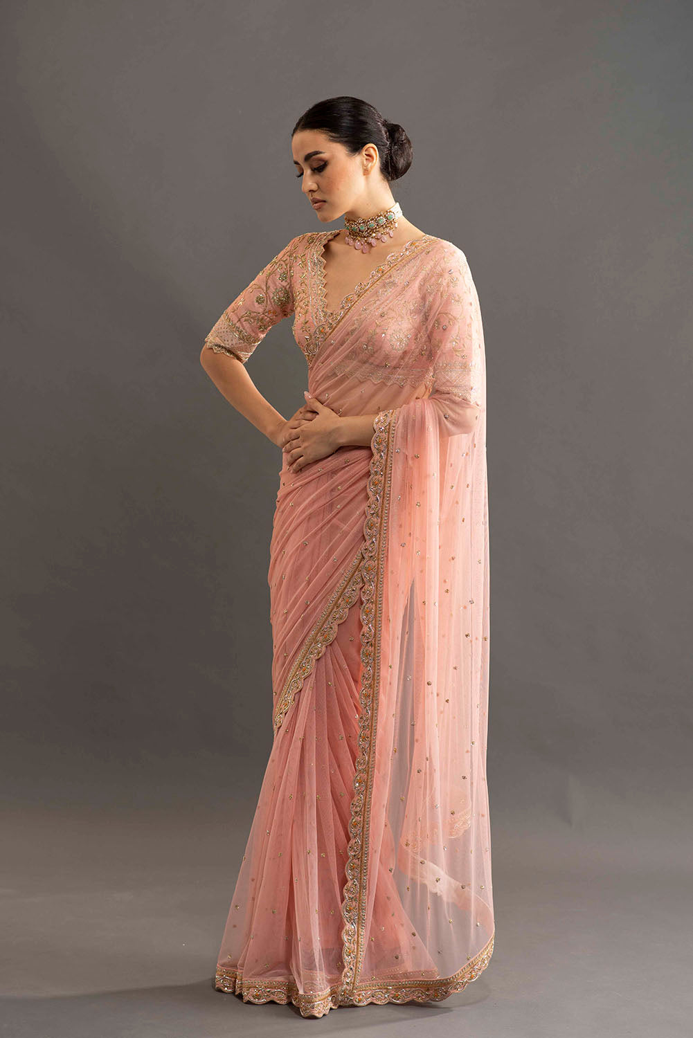 Heavy Embroidered Silk Net Saree - Rose Gold