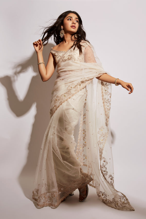 Cream organza embroidered saree set