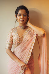 Heavy Embroidered Silk Net Saree - Rose Gold
