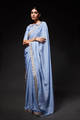 Powder blue scallop embroidered saree with peterpan collared blouse