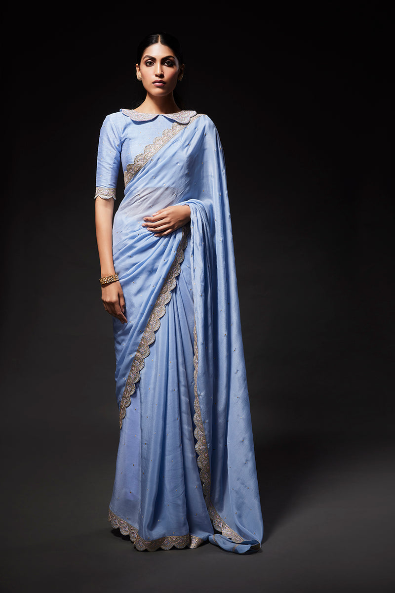 Powder blue scallop embroidered saree with peterpan collared blouse