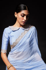 Powder blue scallop embroidered saree with peterpan collared blouse