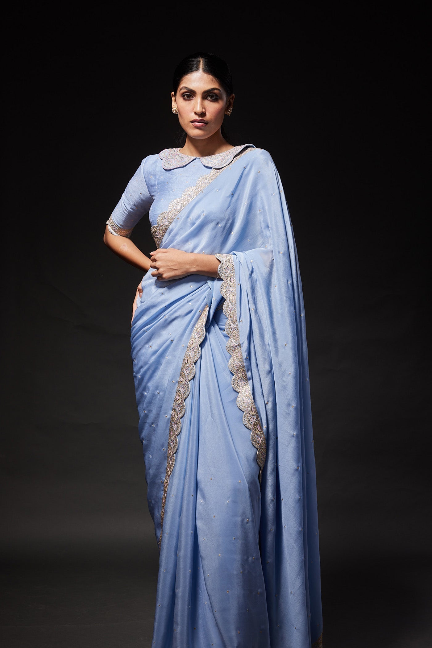 Powder blue scallop embroidered saree with peterpan collared blouse