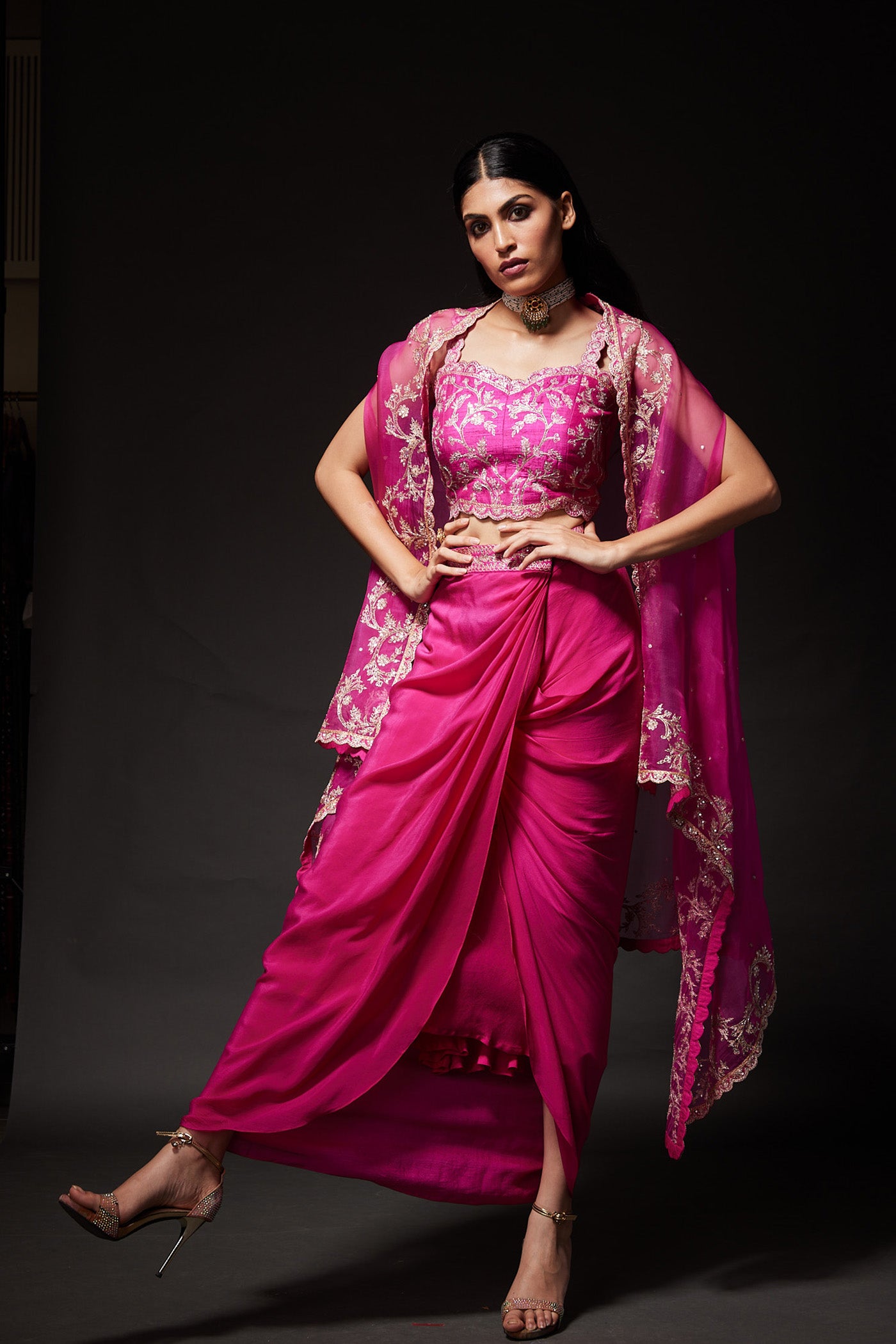 Ayeesha Magenta Drape skirt & Cape Set