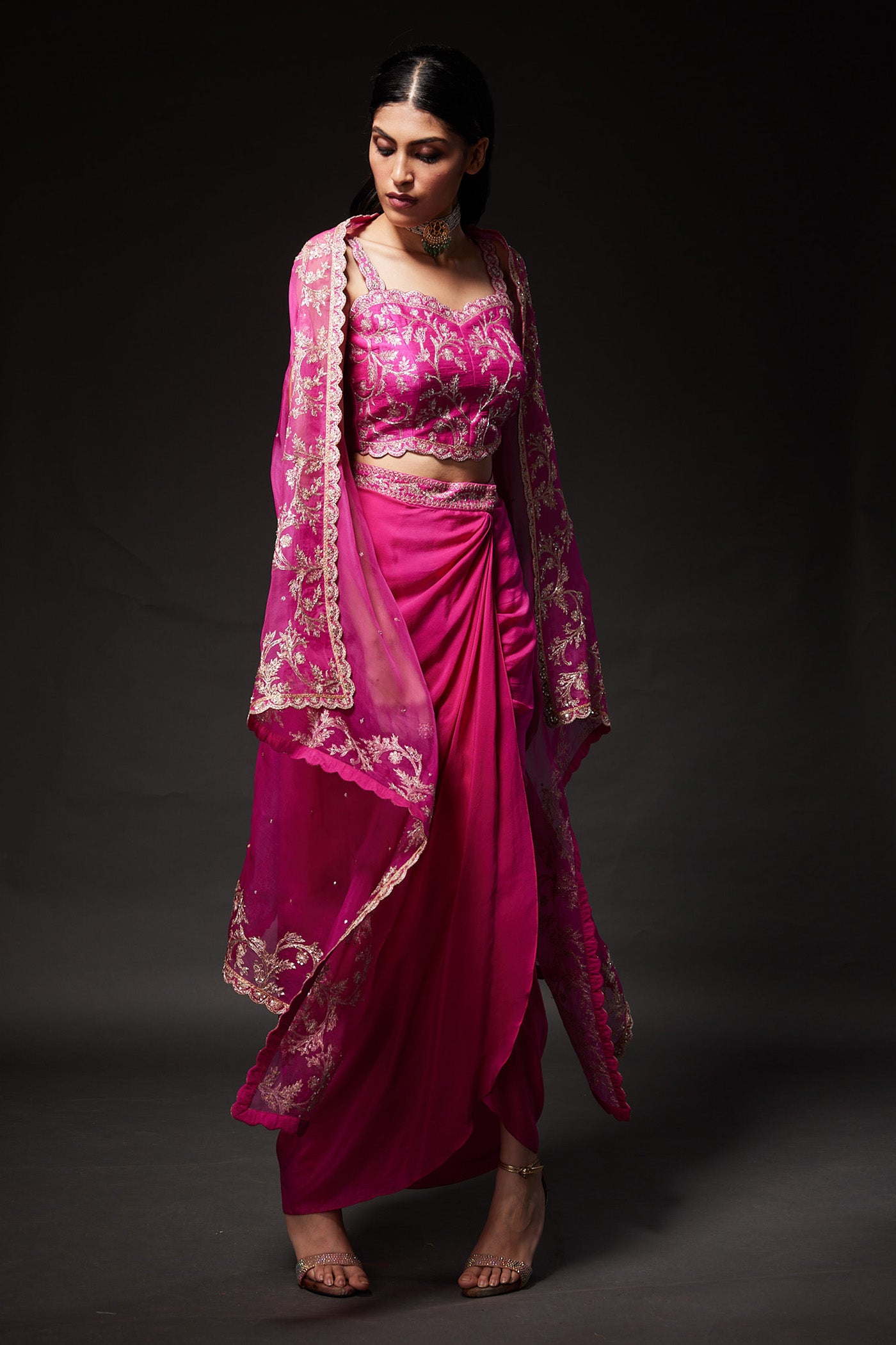 Ayeesha Magenta Drape skirt & Cape Set