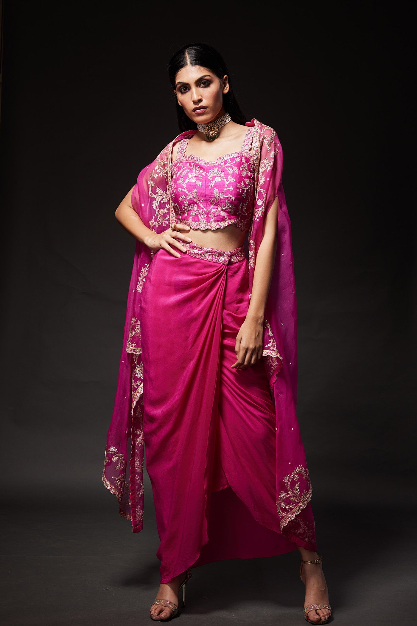 Ayeesha Magenta Drape skirt & Cape Set
