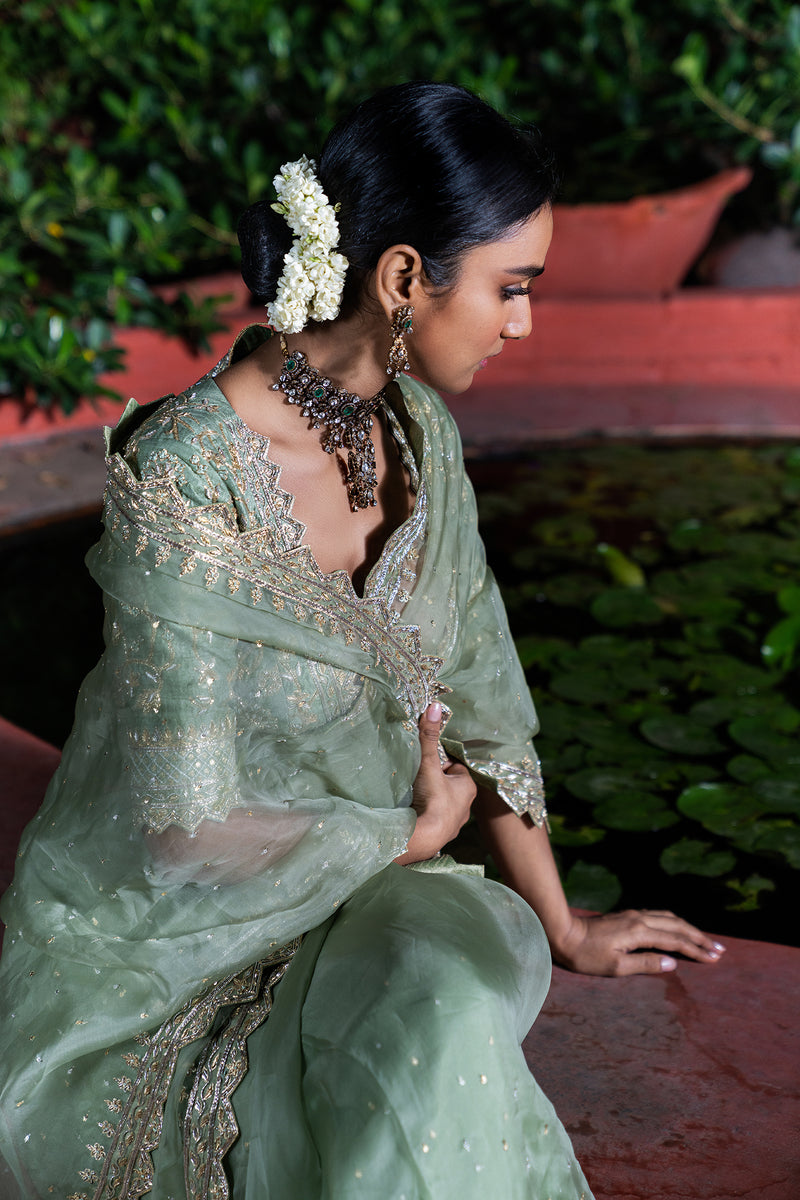 Aishwarya Saree - Zardosi Embroidered sage green organza saree
