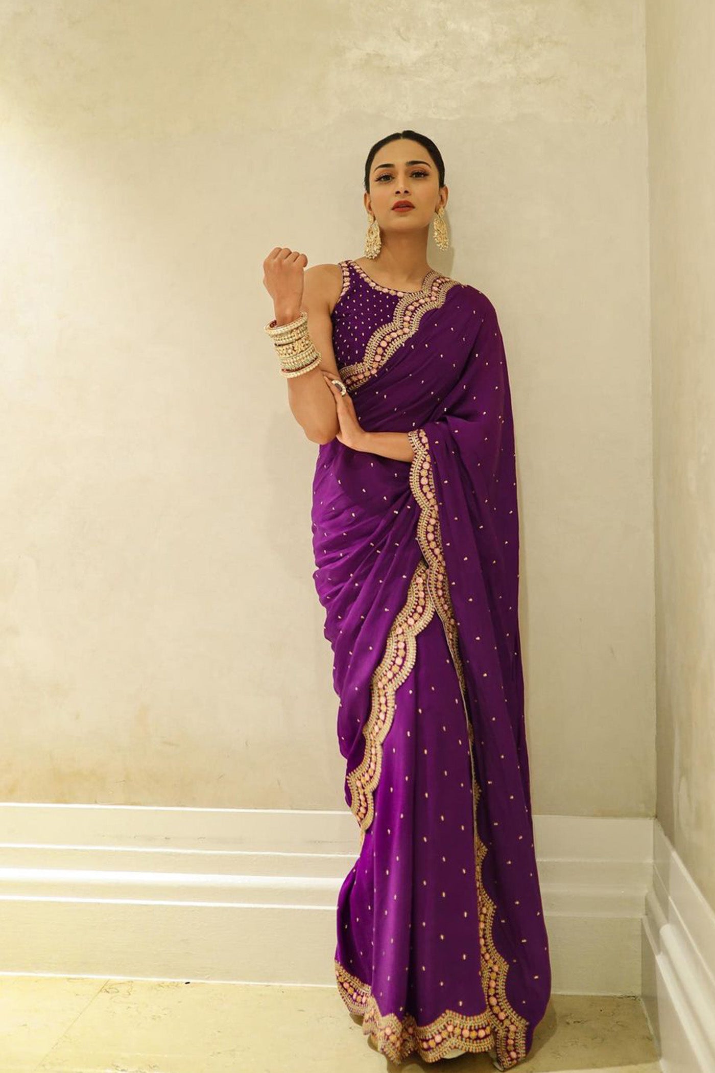 Erica in Gia Embroidered Crepe saree - Violet