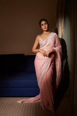 Nude Pink Banaras Georgette saree with bralette blouse