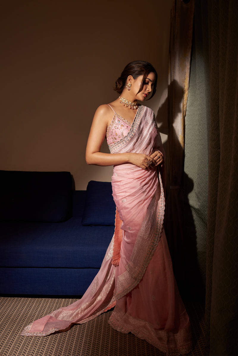 Nude Pink Banaras Georgette saree with bralette blouse – Kavitha Gutta