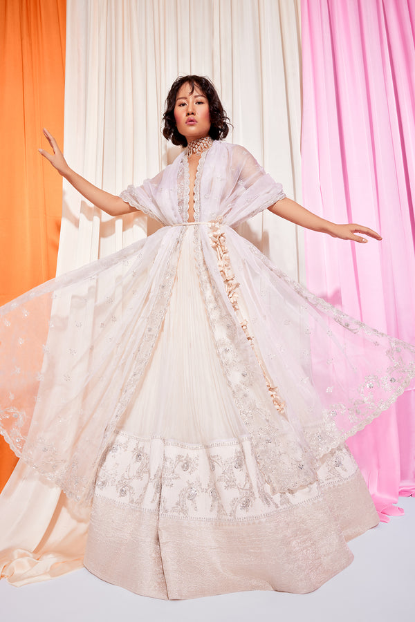 White Crepe micropleated embroidered lehanga