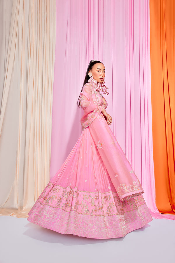 Baby Pink Crepe micropleated embroidered lehanga