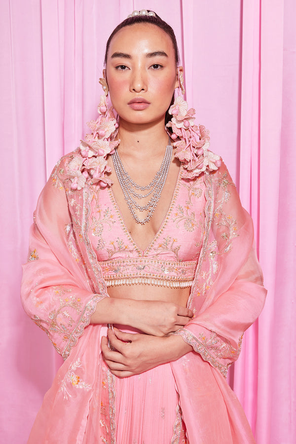 Baby Pink Crepe micropleated embroidered lehanga