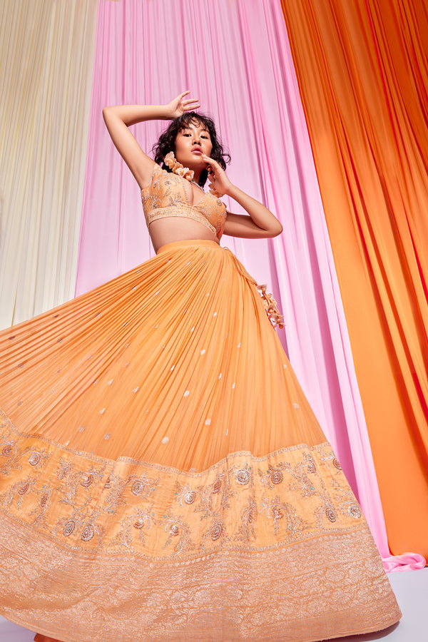 Peach Crepe micropleated embroidered lehanga