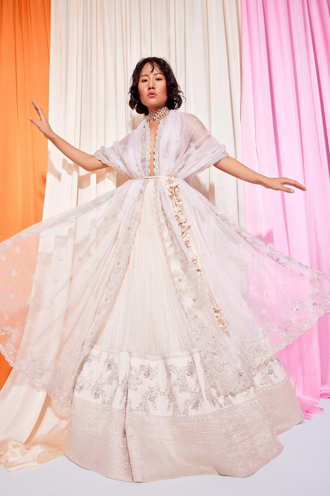 White Crepe micropleated embroidered lehanga