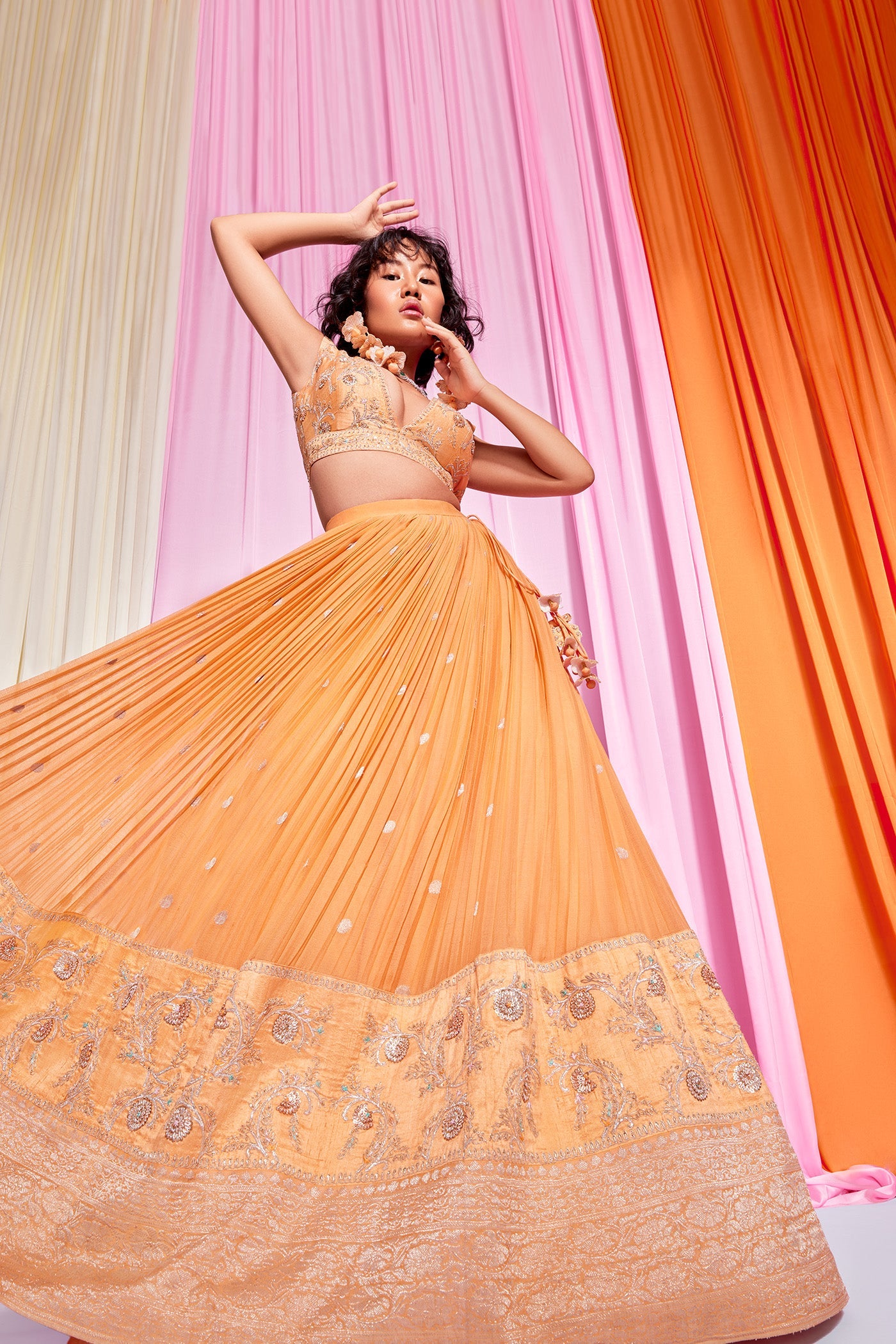 Peach Crepe micropleated embroidered lehanga