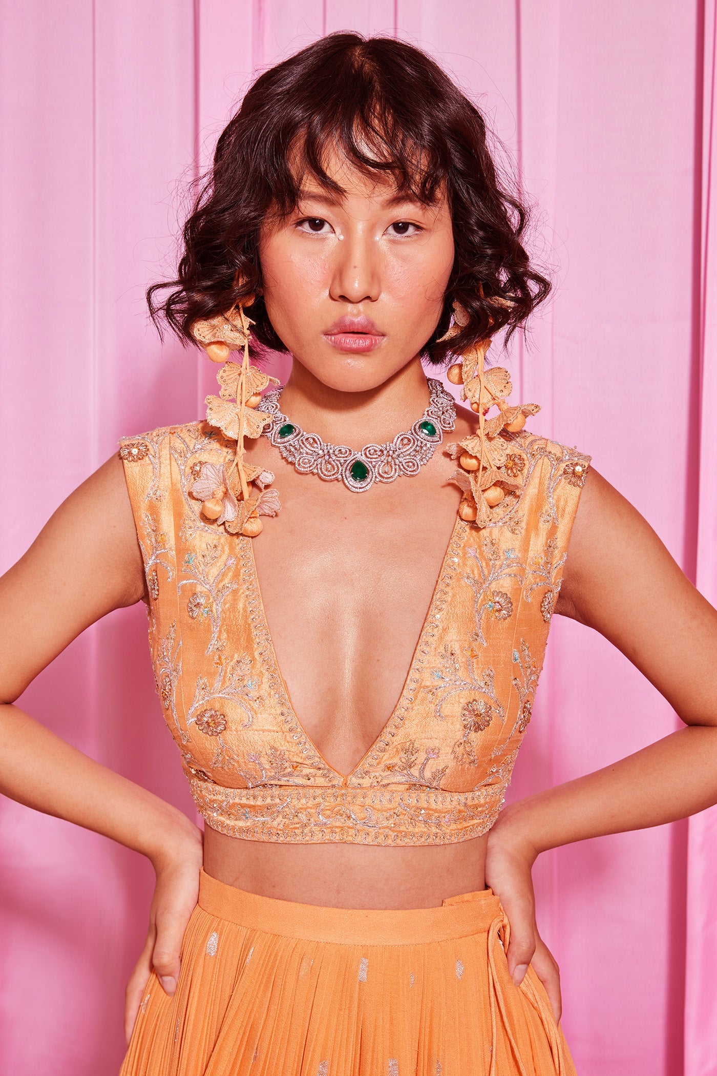 Peach Crepe micropleated embroidered lehanga