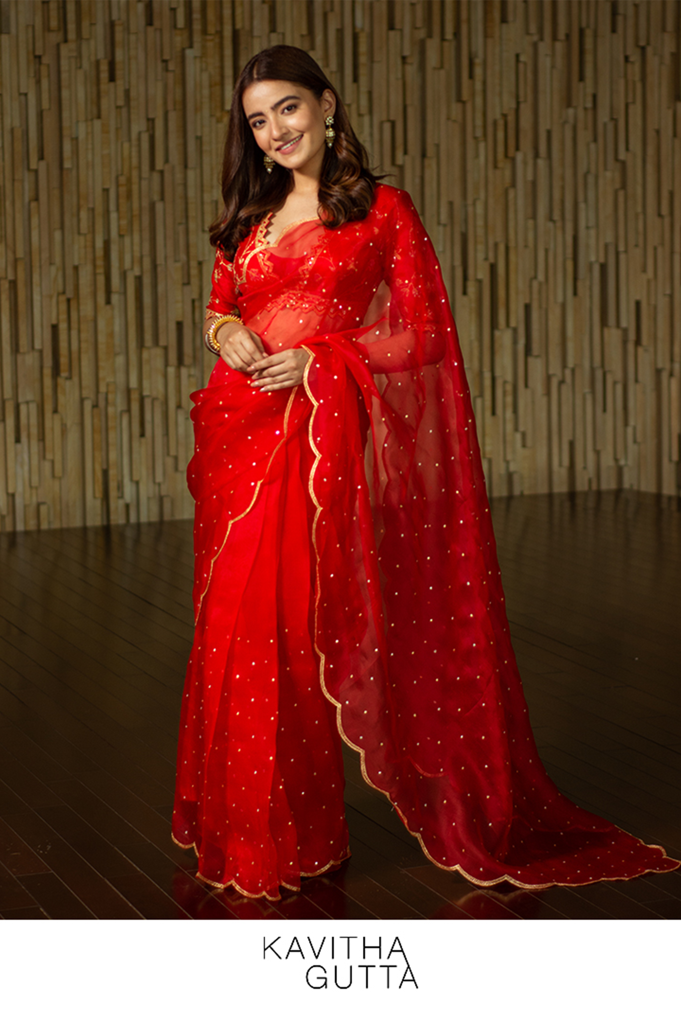 Rukshar Dhillion In Scalloped Organza Saree with embroidered blouse - Red