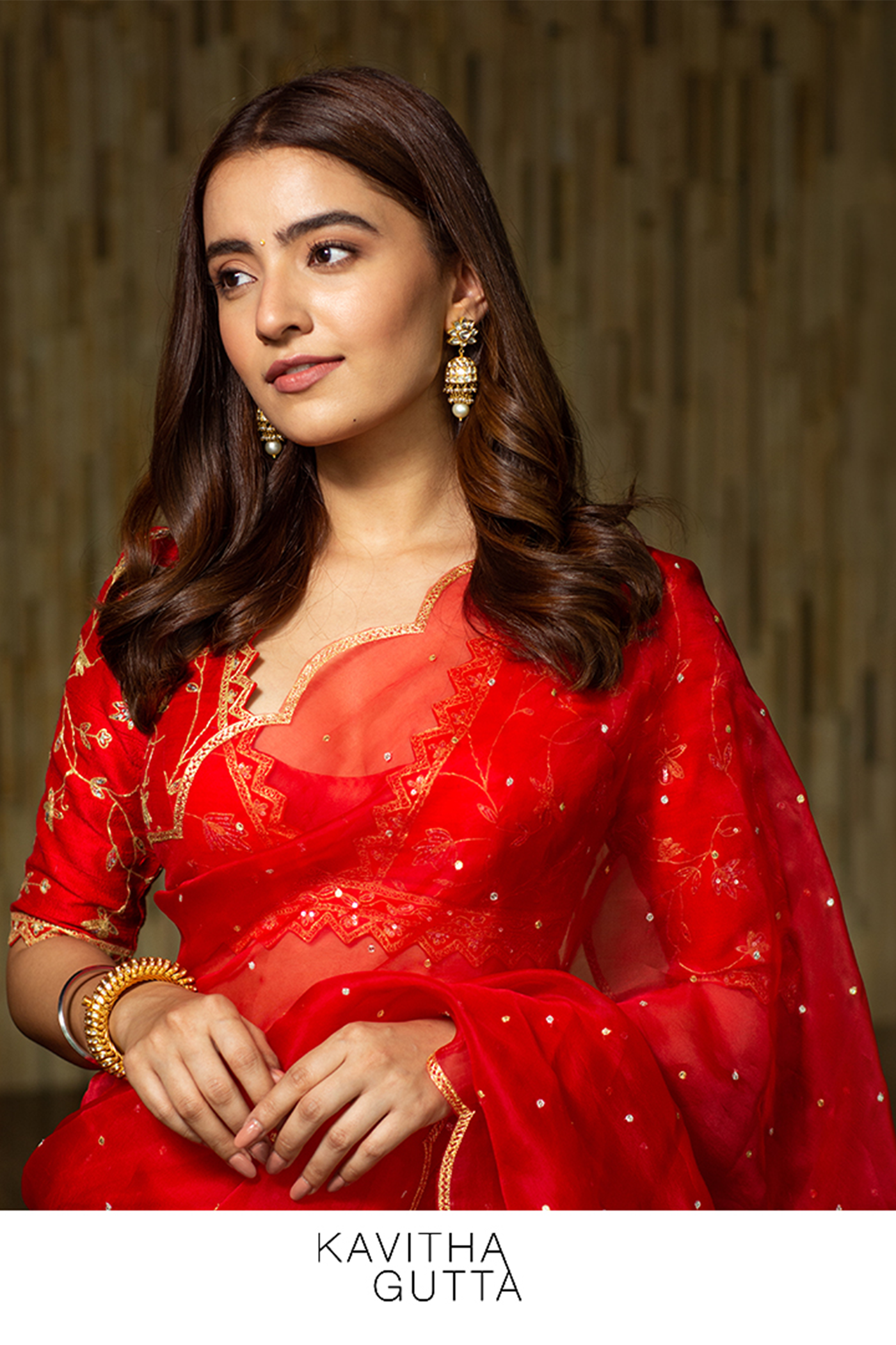 Rukshar Dhillion In Scalloped Organza Saree with embroidered blouse - Red