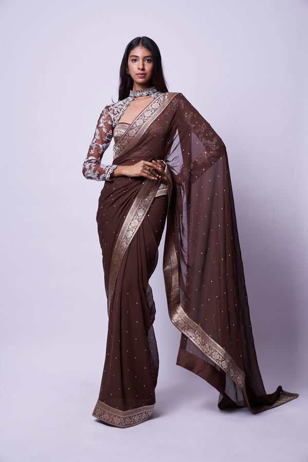 Brown zari embroidered saree & Blouse set